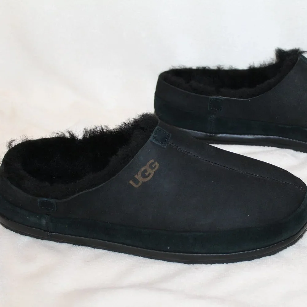 NIB UGG MEN'S PARKDALE SLIP ON SUEDE‎ SHEARLING LINED CLOG SLIPPERS BLACK